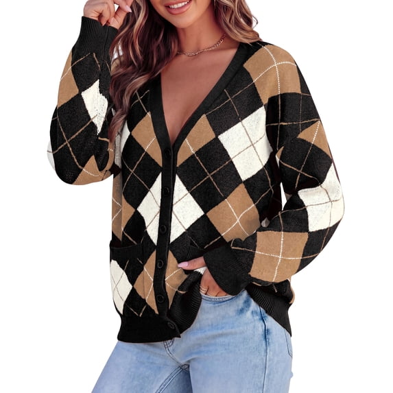 PRETTYGARDEN Women's Cardigan Argyle Winter Sweaters Cozy Warm Chunky Knit, Long Sleeve V Neck, Color Block Plaid, Button Up Pocket,Trendy Fall Jackets, Holiday Going Out Outfits