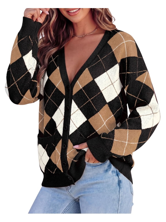 Women's Cardigan Argyle Winter Sweaters Cozy Warm Chunky Knit, Long Sleeve V Neck, Color Block Plaid, Button Up Pocket,Trendy Fall Jackets, Holiday Going Out Outfits