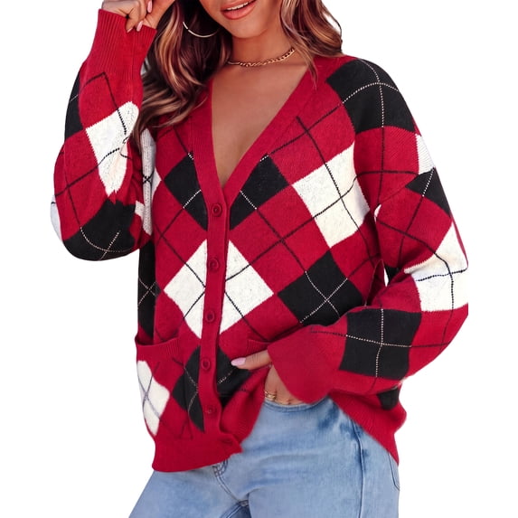 PRETTYGARDEN Women's Cardigan Argyle Winter Sweaters Cozy Warm Chunky Knit, Long Sleeve V Neck, Color Block Plaid, Button Up Pocket,Trendy Fall Jackets, Holiday Going Out Outfits