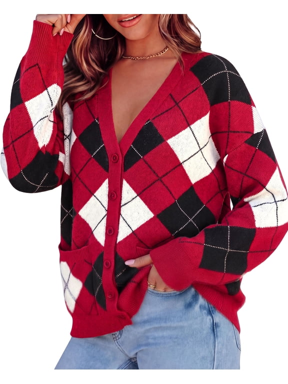 Women's Cardigan Argyle Winter Sweaters Cozy Warm Chunky Knit, Long Sleeve V Neck, Color Block Plaid, Button Up Pocket,Trendy Fall Jackets, Holiday Going Out Outfits