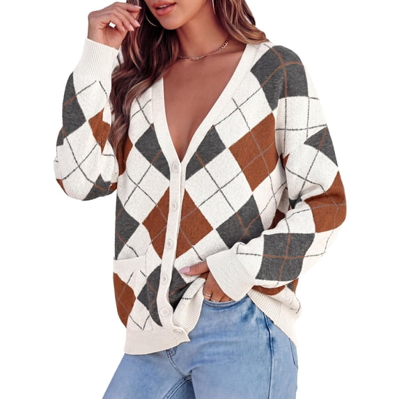 PRETTYGARDEN Women's Cardigan Argyle Winter Sweaters Cozy Warm Chunky Knit, Long Sleeve V Neck, Color Block Plaid, Button Up Pocket,Trendy Fall Jackets, Holiday Going Out Outfits