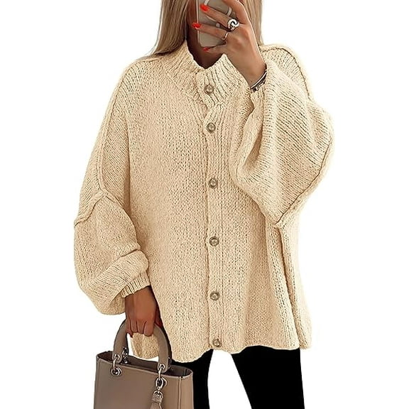 PRETTYGARDEN Women's Winter Button Down Cardigan Sweaters Mock Neck Lantern Long Sleeve Chunky Knit Jacket Trendy Outerwear