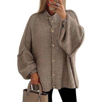 PRETTYGARDEN Women's Winter Button Down Cardigan Sweaters Mock Neck Lantern Long Sleeve Chunky Knit Jacket Trendy Outerwear