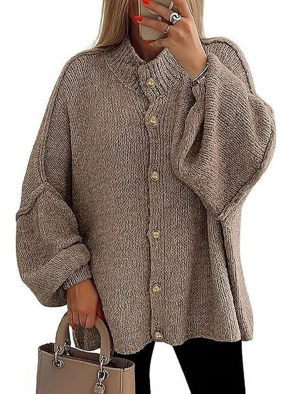 Women's Winter Button Down Cardigan Sweaters Mock Neck Lantern Long Sleeve Chunky Knit Jacket Trendy Outerwear