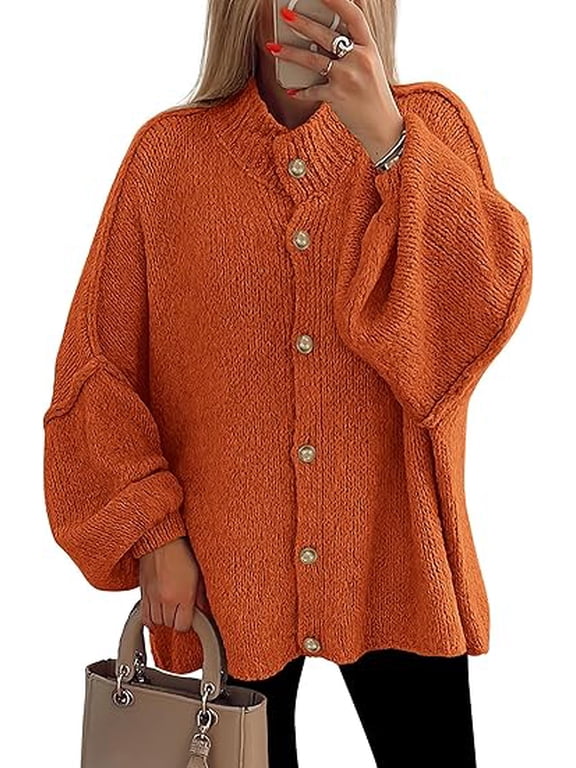 Women's Winter Button Down Cardigan Sweaters Mock Neck Lantern Long Sleeve Chunky Knit Jacket Trendy Outerwear