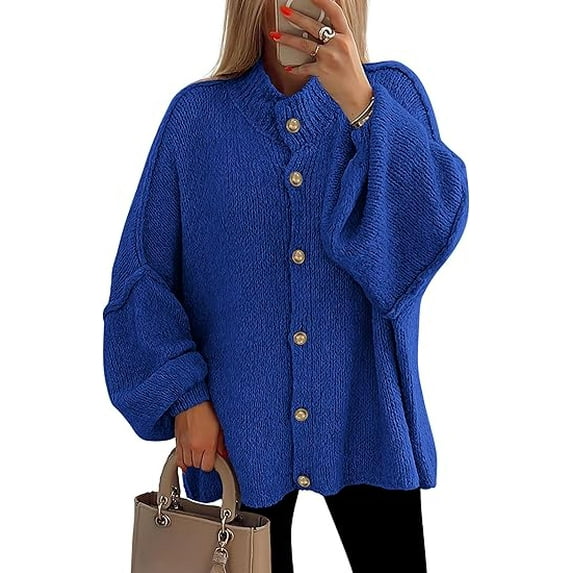 PRETTYGARDEN Women's Winter Button Down Cardigan Sweaters Mock Neck Lantern Long Sleeve Chunky Knit Jacket Trendy Outerwear