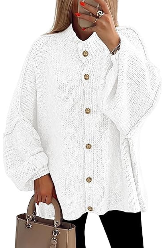 Women's Winter Button Down Cardigan Sweaters Mock Neck Lantern Long Sleeve Chunky Knit Jacket Trendy Outerwear