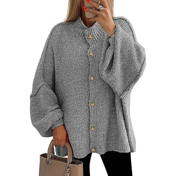 PRETTYGARDEN Women's Winter Button Down Cardigan Sweaters Mock Neck Lantern Long Sleeve Chunky Knit Jacket Trendy Outerwear
