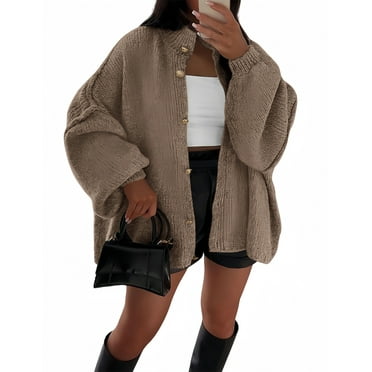 PRETTYGARDEN Women's Winter Button Down Cardigan Sweaters Mock Neck Lantern Long Sleeve Chunky Knit Jacket Trendy Outerwear