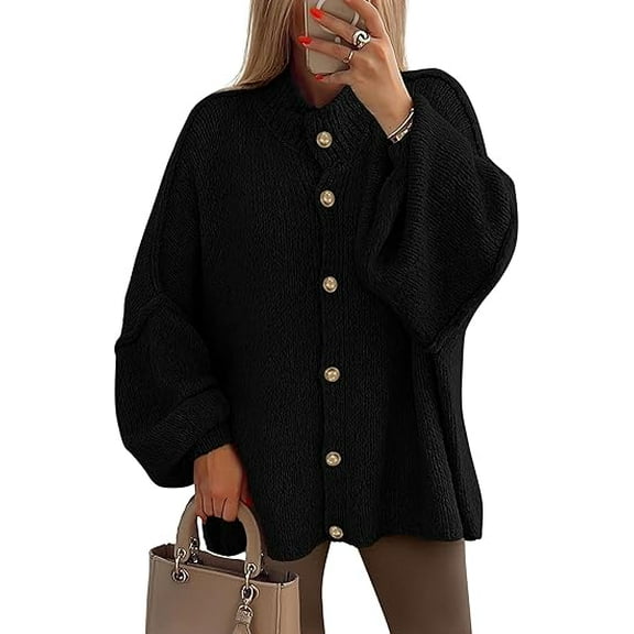 PRETTYGARDEN Women's Winter Button Down Cardigan Sweaters Mock Neck Lantern Long Sleeve Chunky Knit Jacket Trendy Outerwear