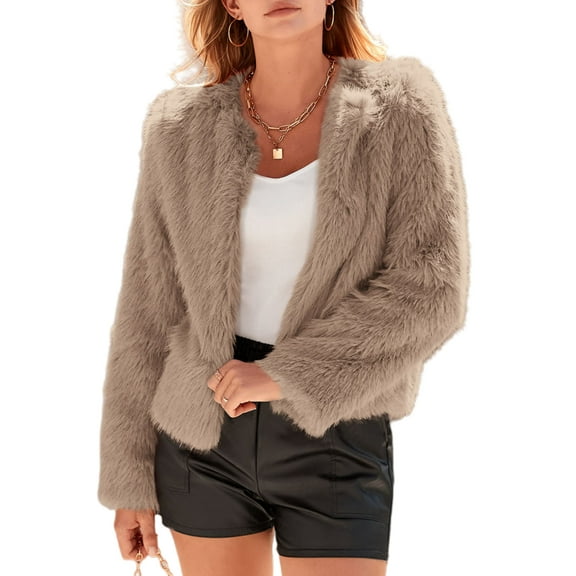 PRETTYGARDEN Women's Winter Coats Fleece Cropped Jacket Faux Fur Long Sleeve Pockets Shaggy Warm Outerwear Fall Clothes