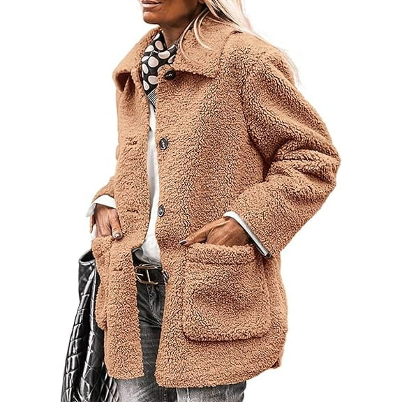 PRETTYGARDEN Women's Winter Faux Fur Coats Long Sleeve Lapel Button Down Pockets Fleece Sherpa Jacket Casual Trendy Outerwear