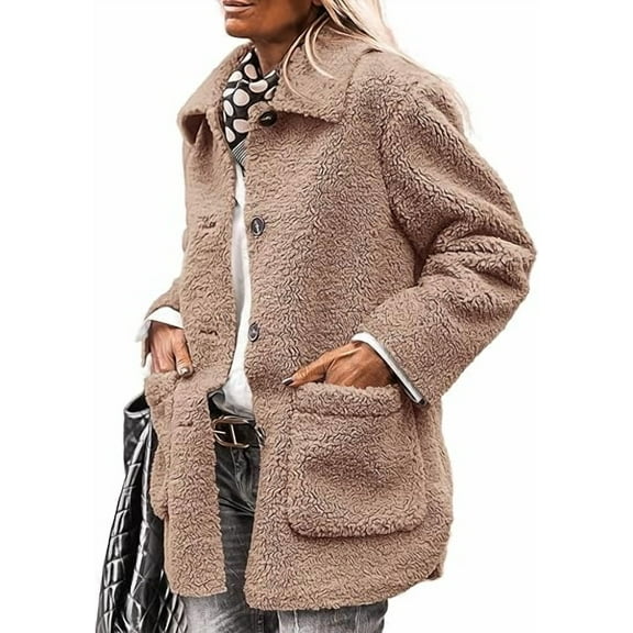 PRETTYGARDEN Women's Winter Faux Fur Coats Long Sleeve Lapel Button Down Pockets Fleece Sherpa Jacket Casual Trendy Outerwear