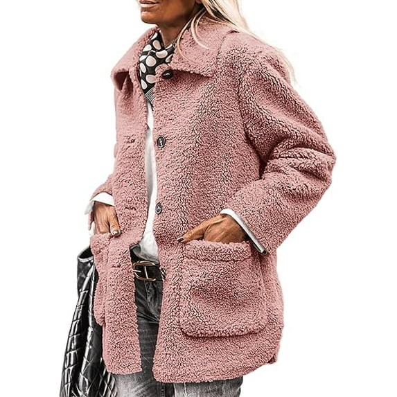 PRETTYGARDEN Women's Winter Faux Fur Coats Long Sleeve Lapel Button Down Pockets Fleece Sherpa Jacket Casual Trendy Outerwear
