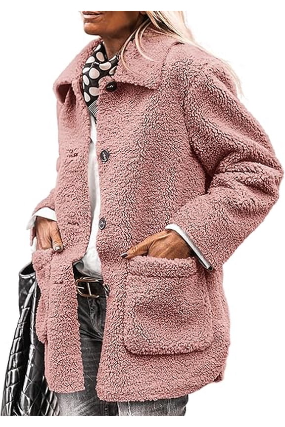 Women's Winter Faux Fur Coats Long Sleeve Lapel Button Down Pockets Fleece Sherpa Jacket Casual Trendy Outerwear