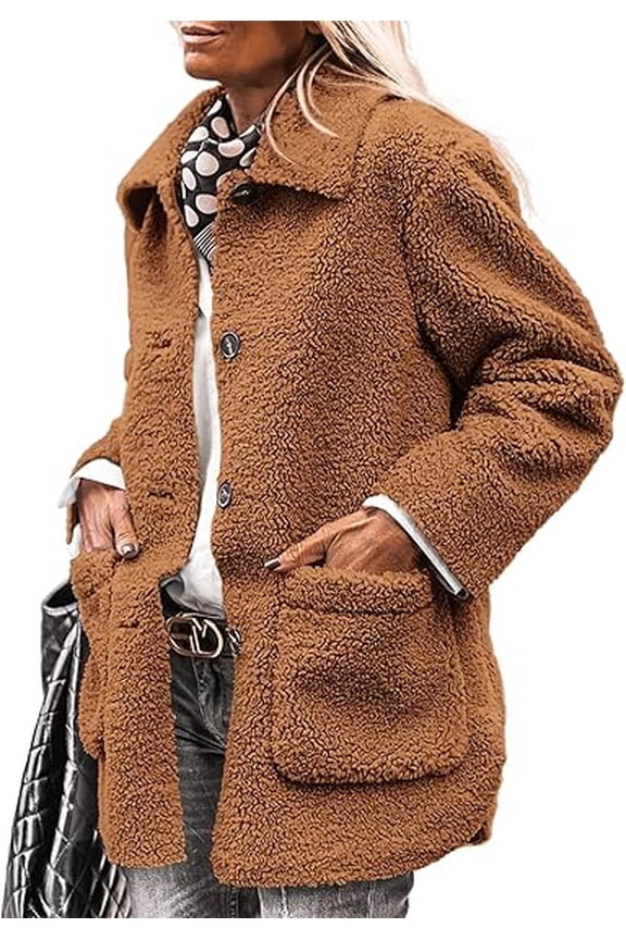 Women's Winter Faux Fur Coats Long Sleeve Lapel Button Down Pockets Fleece Sherpa Jacket Casual Trendy Outerwear