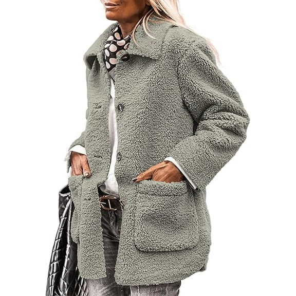 PRETTYGARDEN Women's Winter Faux Fur Coats Long Sleeve Lapel Button Down Pockets Fleece Sherpa Jacket Casual Trendy Outerwear