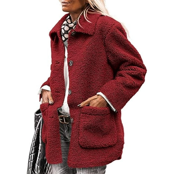 PRETTYGARDEN Women's Winter Faux Fur Coats Long Sleeve Lapel Button Down Pockets Fleece Sherpa Jacket Casual Trendy Outerwear