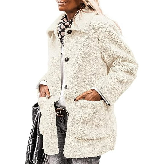 PRETTYGARDEN Women's Winter Faux Fur Coats Long Sleeve Lapel Button Down Pockets Fleece Sherpa Jacket Casual Trendy Outerwear