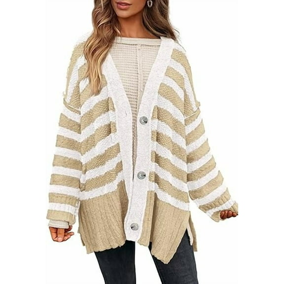 PRETTYGARDEN Women's Winter Striped Cardigan Sweaters Long Sleeve Button Down Open Front Chunky Knit Oversized Sweater Coat