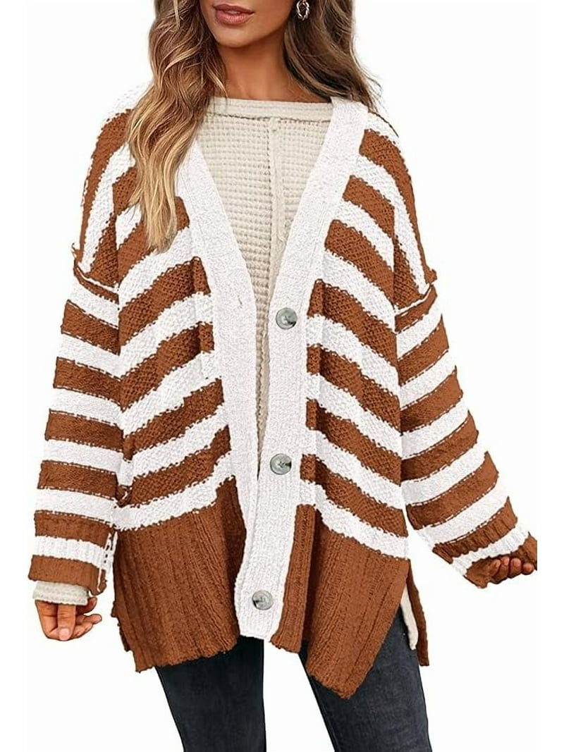 PRETTYGARDEN Women's Winter Striped Cardigan Sweaters Long Sleeve