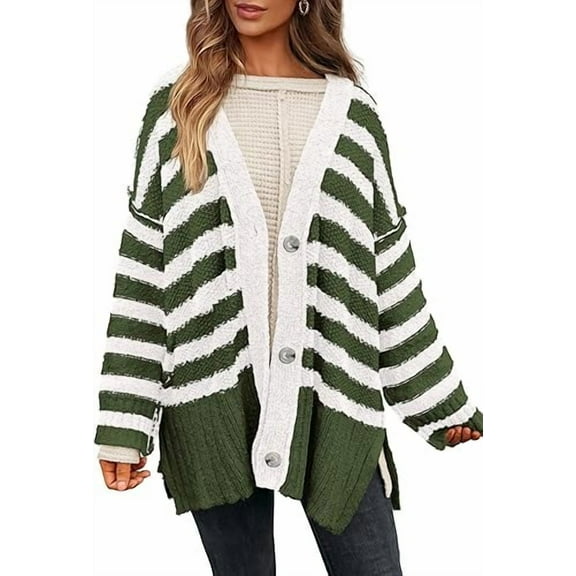 PRETTYGARDEN Women's Winter Striped Cardigan Sweaters Long Sleeve Button Down Open Front Chunky Knit Oversized Sweater Coat