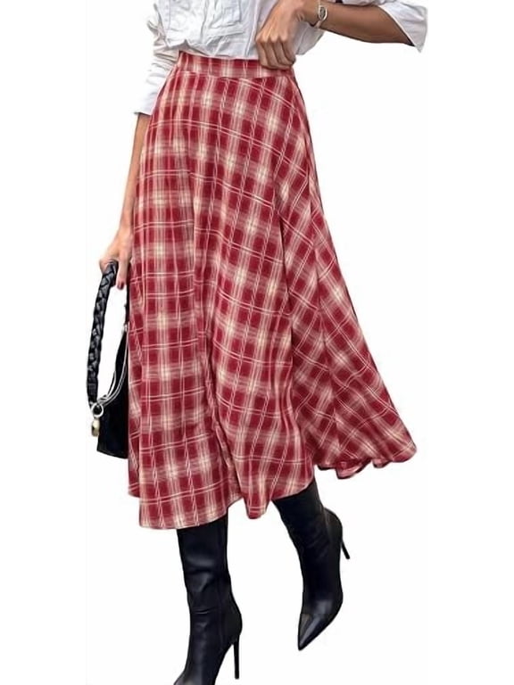 Women's Plaid High Waisted A-Line Midi Skirts Elastic Waistband, Long Flowy Skirt, Classic Tartan Print, Vintage Style, Casual & Formal Wear, Fall Outfits Winter Clothing
