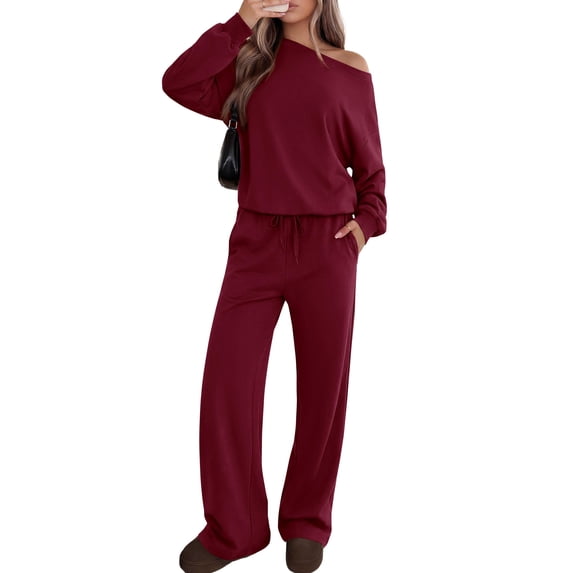 PRETTYGARDEN Womens 2 Piece Casual Matching Lounge Sets Fashion Off the Shoulder Sweatshirt, Wide Leg Pants with Pockets, Comfy Airport Travel Outfit,Trendy Fall Set