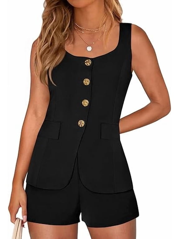 Womens 2 Piece Matching Sets Fashion Button Down Suit Vest Tops Shorts Set Spring Business Casual Outfits