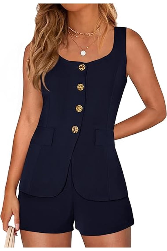 Womens 2 Piece Matching Sets Fashion Button Down Suit Vest Tops Shorts Set Spring Business Casual Outfits