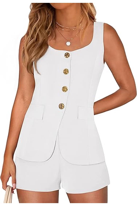 Womens 2 Piece Matching Sets Fashion Button Down Suit Vest Tops Shorts Set Spring Business Casual Outfits