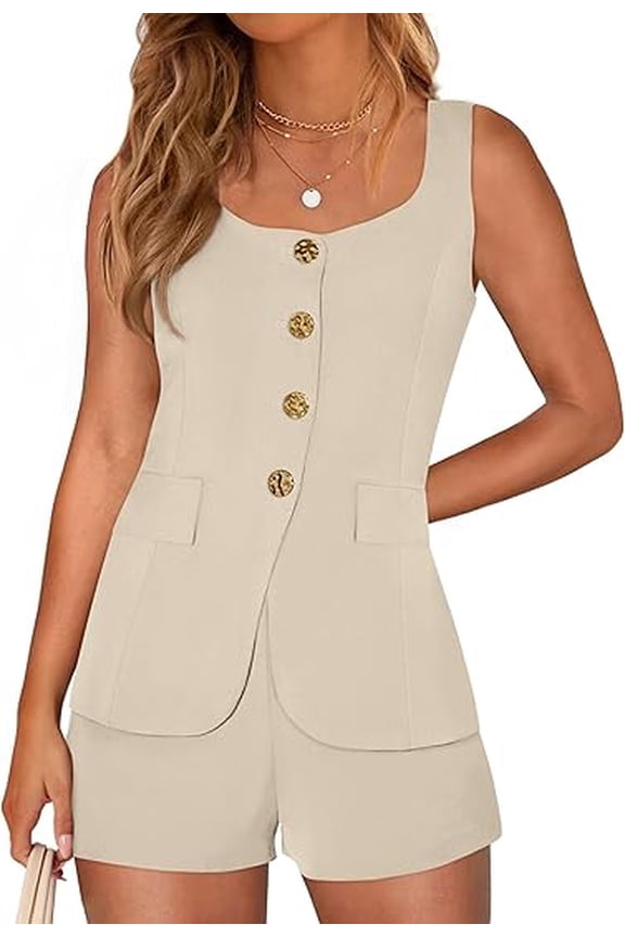 Womens 2 Piece Matching Sets Fashion Button Down Suit Vest Tops Shorts Set Spring Business Casual Outfits