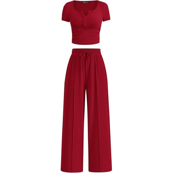 PRETTYGARDEN Womens 2 Piece Outfits Summer Ribbed Knit Button Short Sleeve Tops Casual Wide Leg Pants Lounge Sets