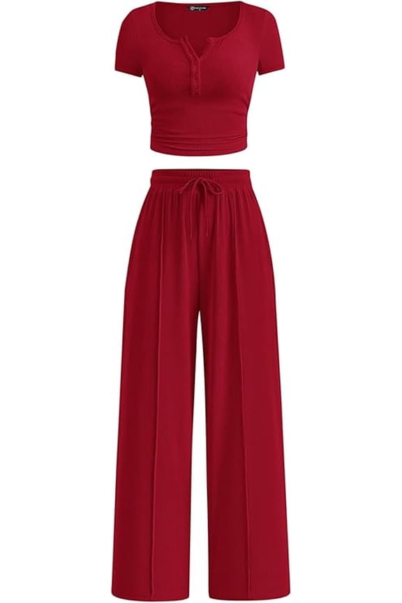 Womens 2 Piece Outfits Summer Ribbed Knit Button Short Sleeve Tops Casual Wide Leg Pants Lounge Sets