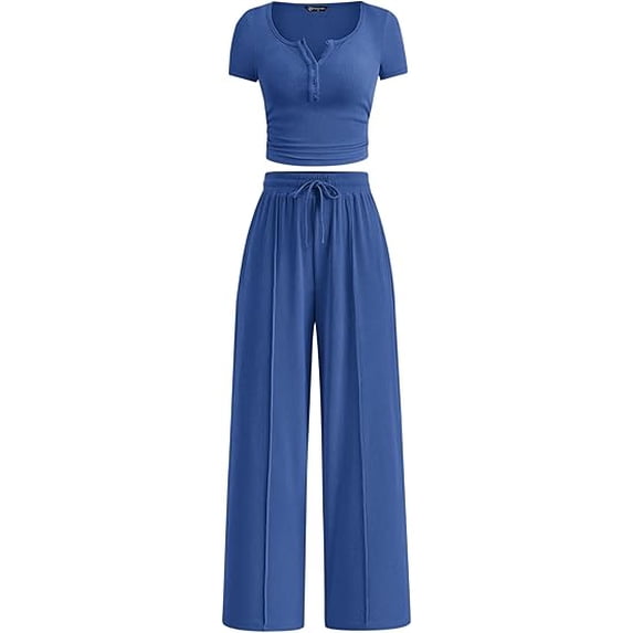 PRETTYGARDEN Womens 2 Piece Outfits Summer Ribbed Knit Button Short Sleeve Tops Casual Wide Leg Pants Lounge Sets