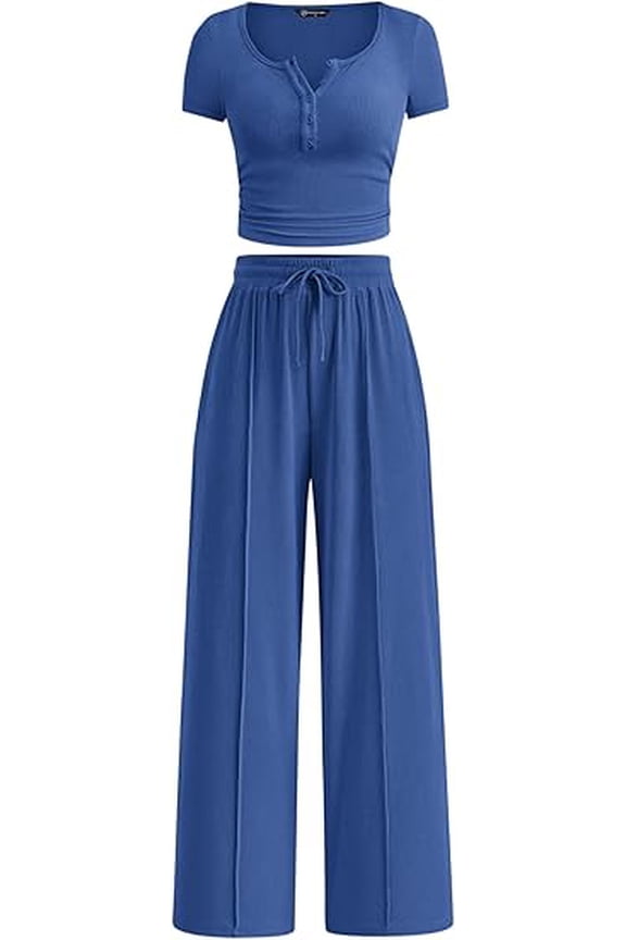 Womens 2 Piece Outfits Summer Ribbed Knit Button Short Sleeve Tops Casual Wide Leg Pants Lounge Sets