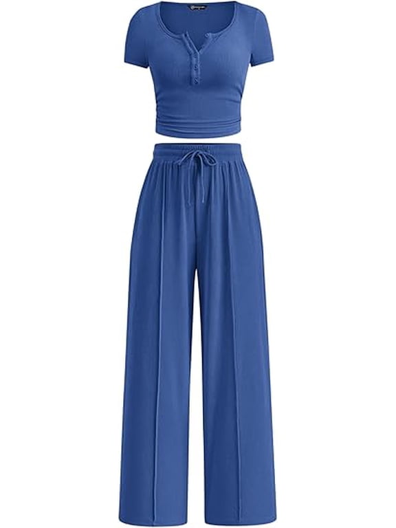 Womens 2 Piece Outfits Summer Ribbed Knit Button Short Sleeve Tops Casual Wide Leg Pants Lounge Sets
