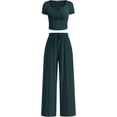 thumbnail image 1 of PRETTYGARDEN Womens 2 Piece Outfits Summer Ribbed Knit Button Short Sleeve Tops Casual Wide Leg Pants Lounge Sets, 1 of 8