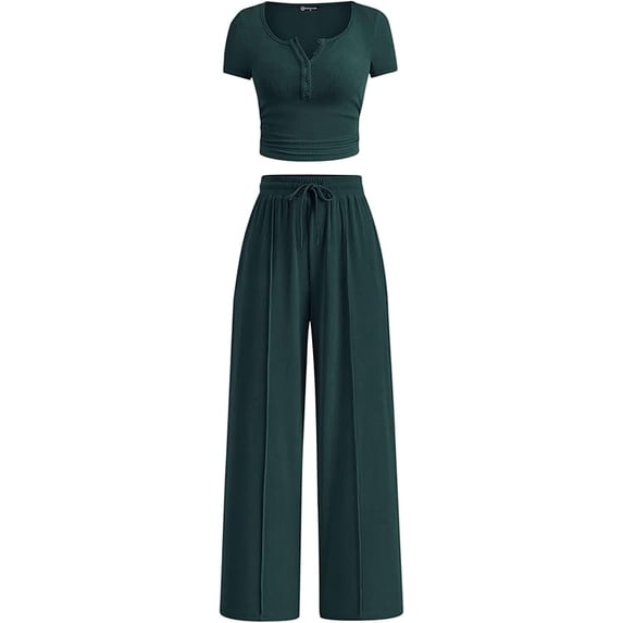 PRETTYGARDEN Womens 2 Piece Outfits Summer Ribbed Knit Button Short Sleeve Tops Casual Wide Leg Pants Lounge Sets