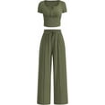 thumbnail image 1 of PRETTYGARDEN Womens 2 Piece Outfits Summer Ribbed Knit Button Short Sleeve Tops Casual Wide Leg Pants Lounge Sets, 1 of 8
