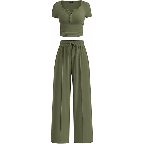 PRETTYGARDEN Womens 2 Piece Outfits Summer Ribbed Knit Button Short Sleeve Tops Casual Wide Leg Pants Lounge Sets