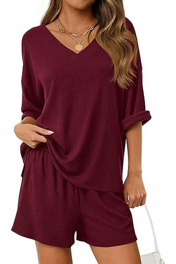 Womens 2 Piece Sets Oversized Vneck Half Sleeve Tops Shorts Lounge Set Casual Summer Travel Beach Outfits