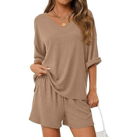 PRETTYGARDEN Womens 2 Piece Sets Oversized Vneck Half Sleeve Tops Shorts Lounge Set Casual Summer Travel Beach Outfits