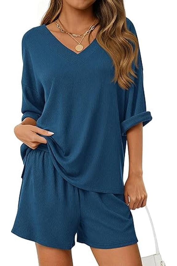 Womens 2 Piece Sets Oversized Vneck Half Sleeve Tops Shorts Lounge Set Casual Summer Travel Beach Outfits