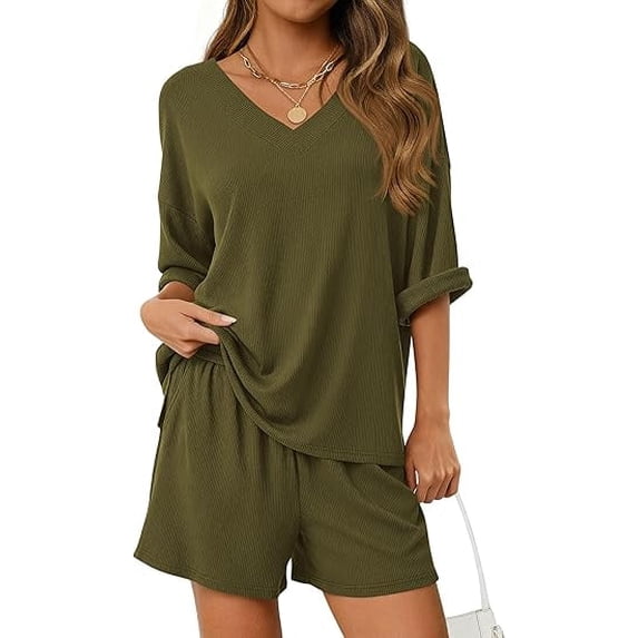 PRETTYGARDEN Womens 2 Piece Sets Oversized Vneck Half Sleeve Tops Shorts Lounge Set Casual Summer Travel Beach Outfits