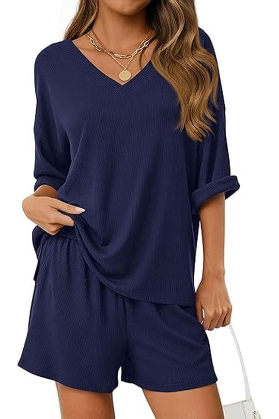 Womens 2 Piece Sets Oversized Vneck Half Sleeve Tops Shorts Lounge Set Casual Summer Travel Beach Outfits