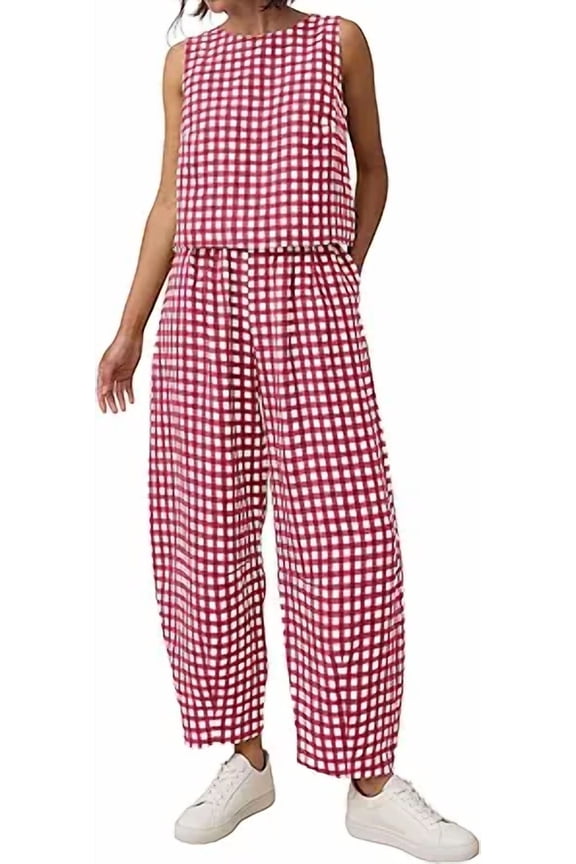 Womens 2 Piece Sets Summer Plaid Sleeveless Tops Wide Leg Pants Matching Lounge Set Beach Vacation Outfits