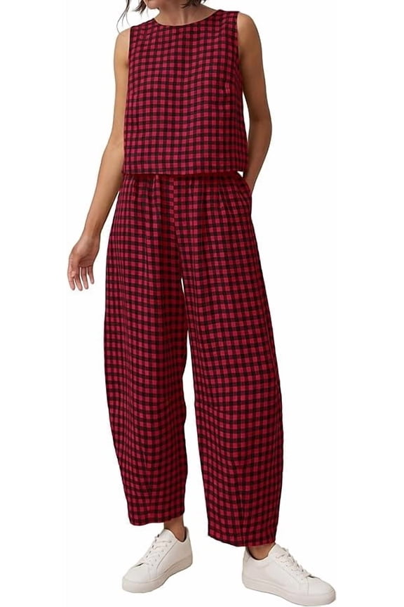 Womens 2 Piece Sets Summer Plaid Sleeveless Tops Wide Leg Pants Matching Lounge Set Beach Vacation Outfits