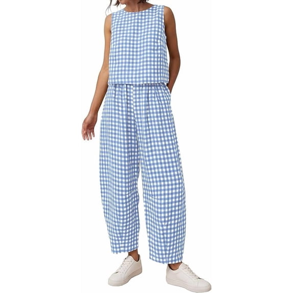 PRETTYGARDEN Womens 2 Piece Sets Summer Plaid Sleeveless Tops Wide Leg Pants Matching Lounge Set Beach Vacation Outfits