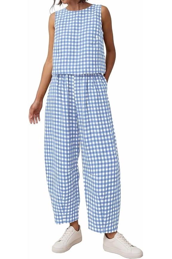 Womens 2 Piece Sets Summer Plaid Sleeveless Tops Wide Leg Pants Matching Lounge Set Beach Vacation Outfits